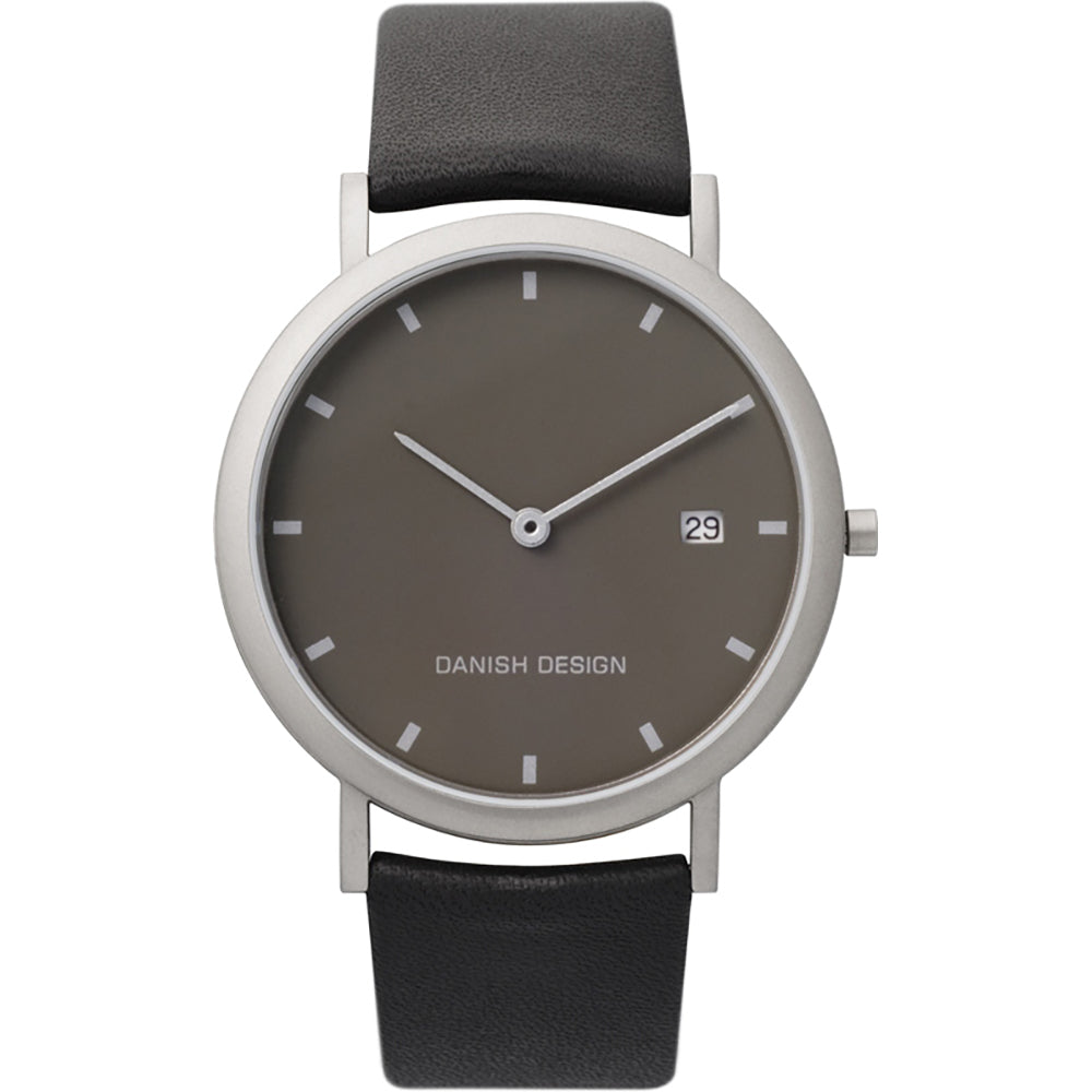 Orologio con cassa argentata, quadrante grigio, cinturino in pelle nera e data.