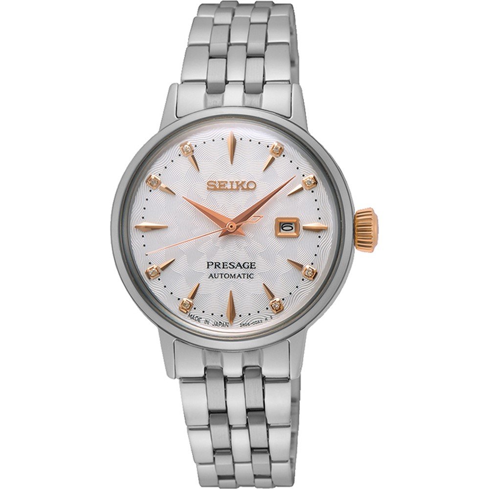 Orologio da donna Seiko Presage con cassa argentata, quadrante bianco e dettagli dorati, bracciale a maglia rolò.