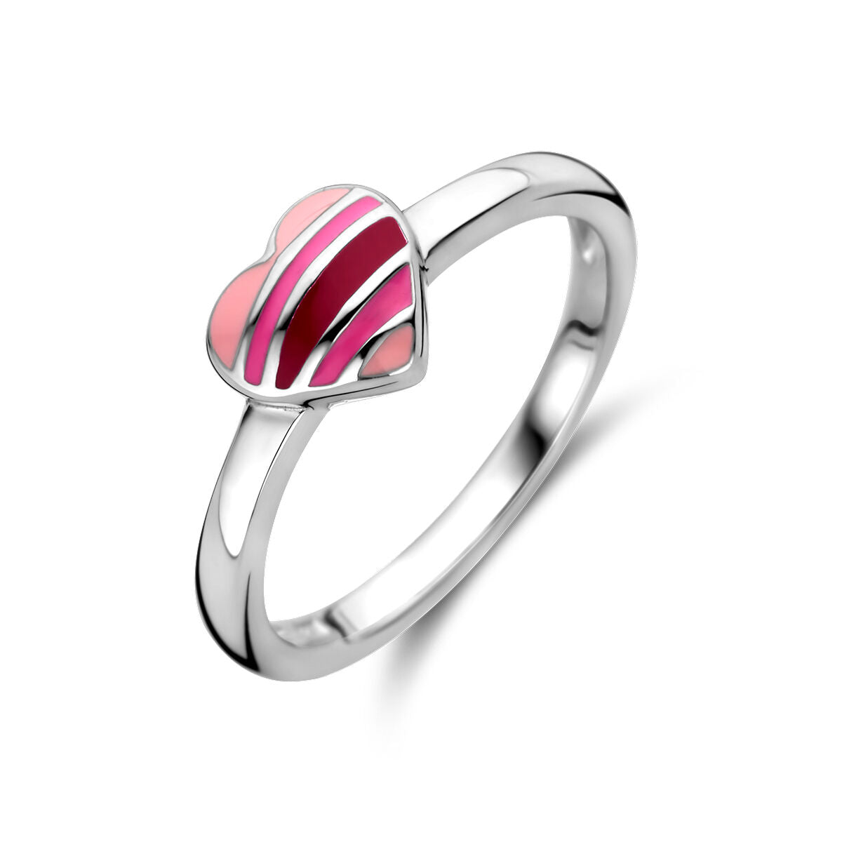 Anello in argento rodiato con cuore smaltato rosa e strisce bianche.