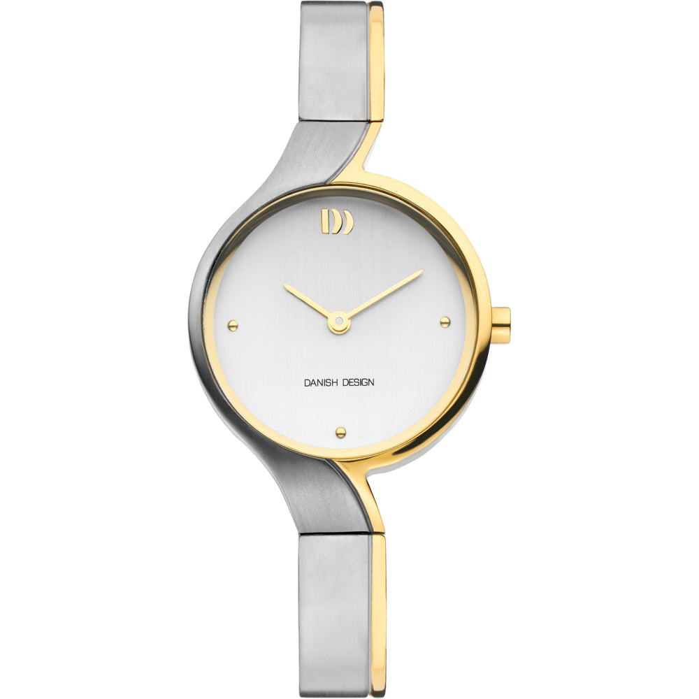 Orologio con cassa argentata e dettagli dorati, quadrante bianco e cinturino in acciaio.