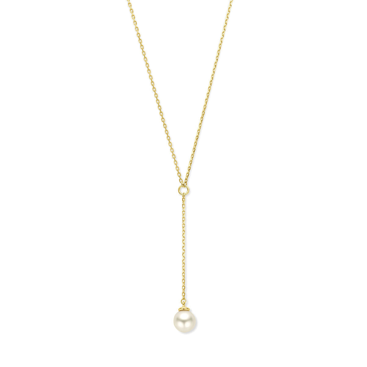 Collana Y in oro giallo 14K con una perla pendente.