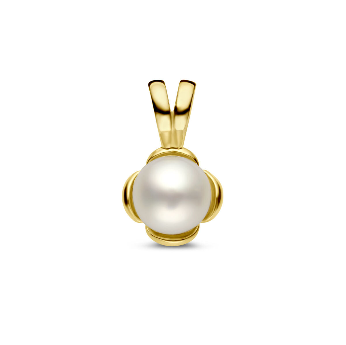 Ciondolo a forma di fiore in oro giallo 14K con perla centrale.