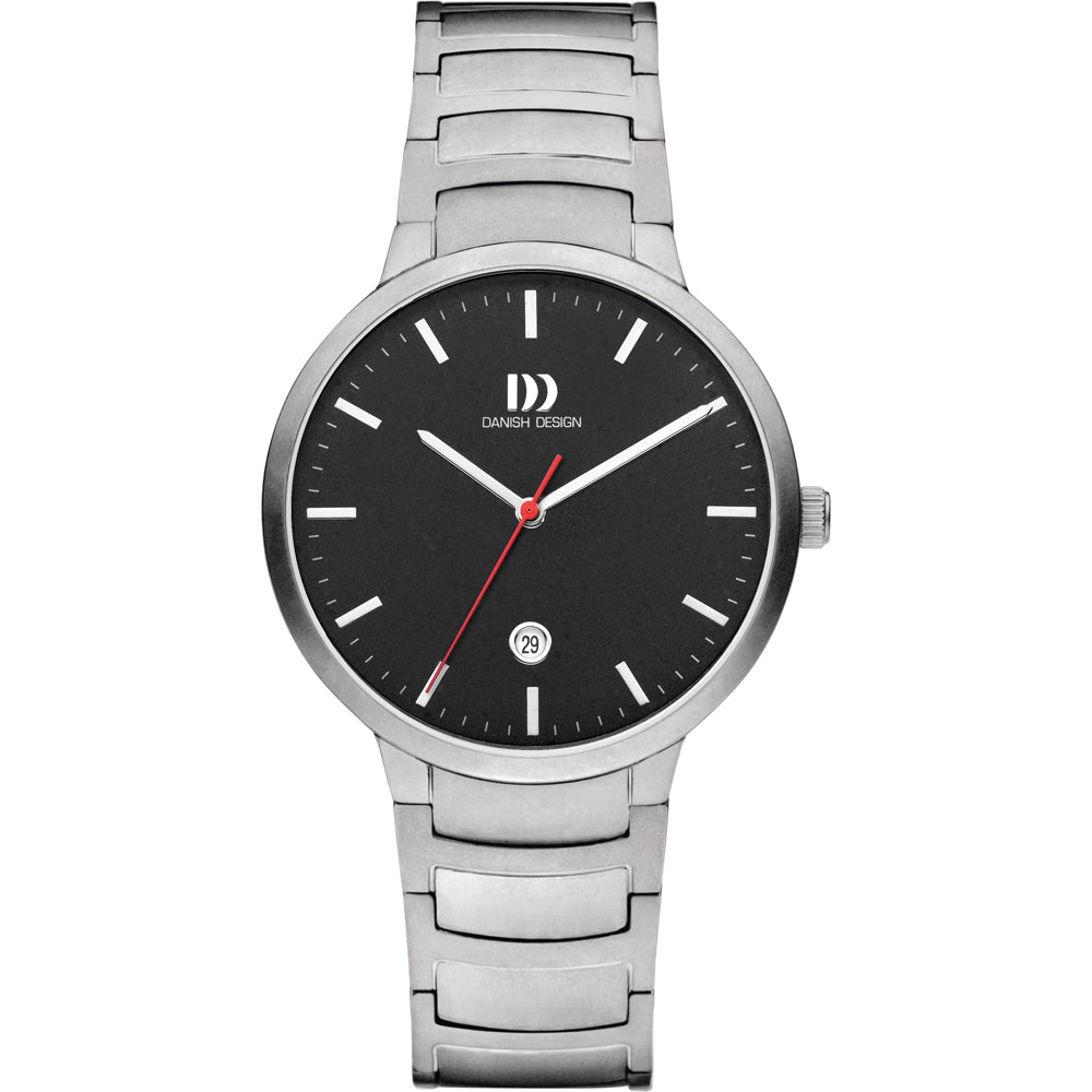Orologio con cassa argentata, quadrante nero e cinturino in acciaio, lancetta rossa.