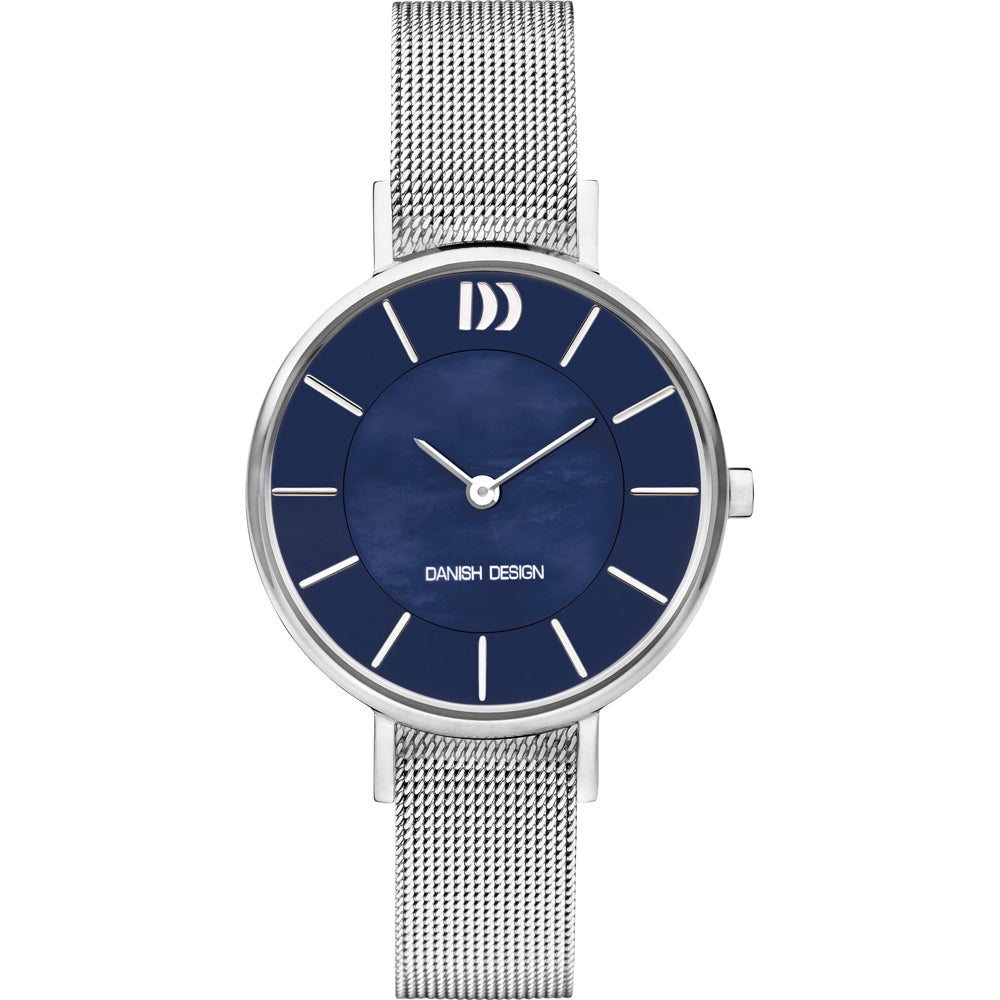Orologio con quadrante blu, cassa argentata e cinturino in maglia rolò.