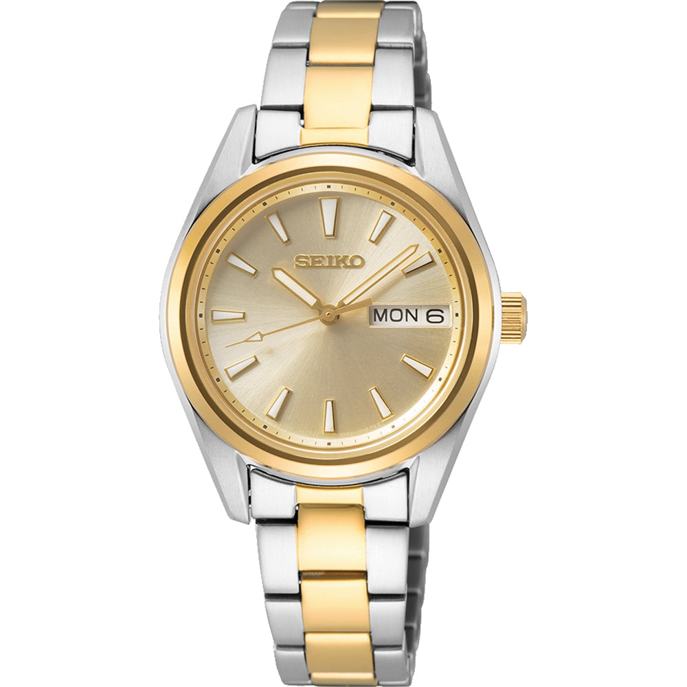 Orologio da donna Seiko con cassa argentata e bracciale bicolore in acciaio, quadrante dorato.