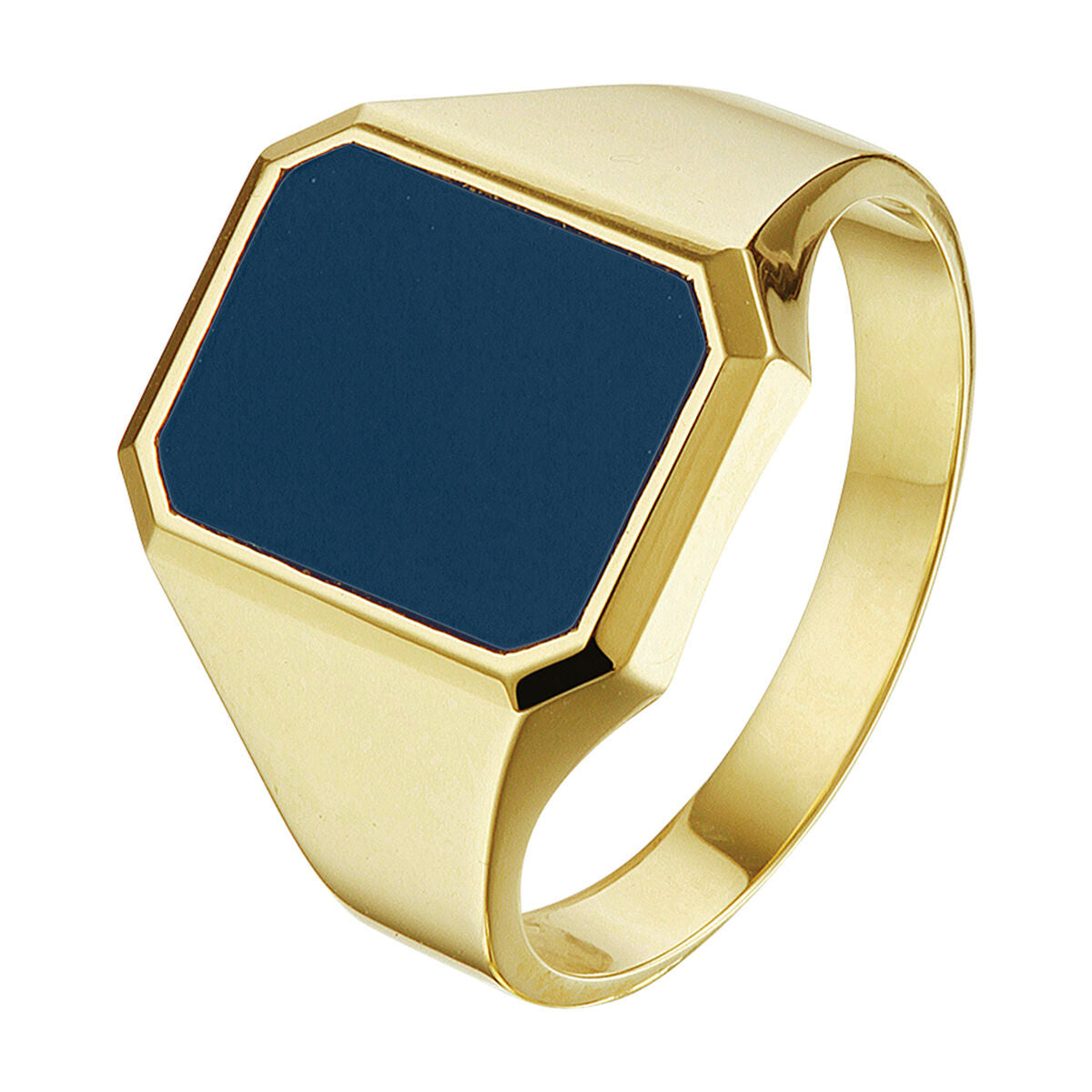 Anello con sigillo in oro giallo 14K con pietra di strato blu, forma esagonale.