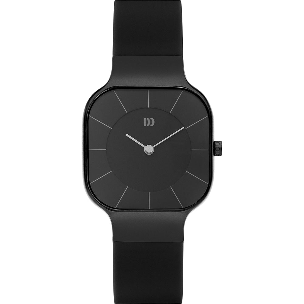 Orologio quadrato con cassa nera e cinturino in silicone nero, quadrante minimalista.