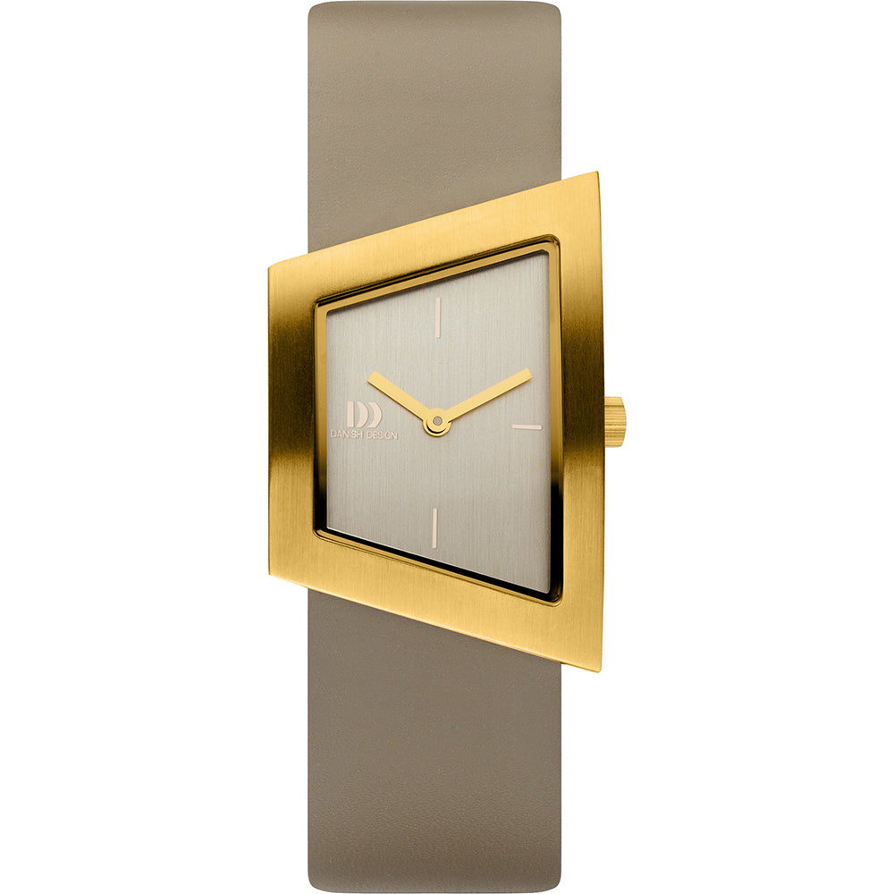 Orologio quadrato con cassa dorata e cinturino grigio in silicone.