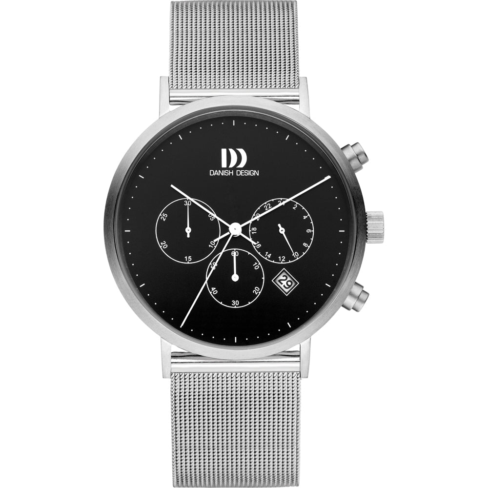 Orologio con cassa argentata, quadrante nero e cinturino in maglia rolò.