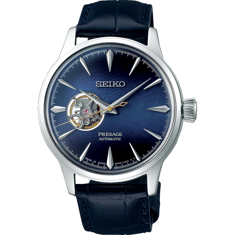 Orologio da uomo Seiko Presage con quadrante blu, cassa in acciaio e cinturino in pelle blu.