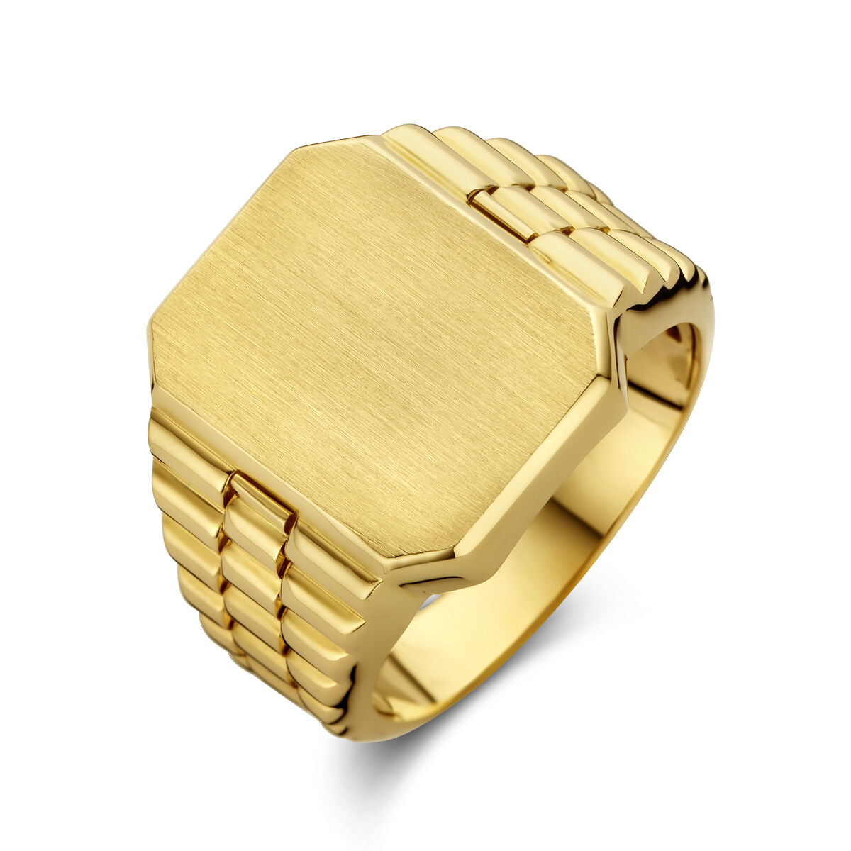 Anello in oro giallo 14K con finitura opaca e design esagonale.