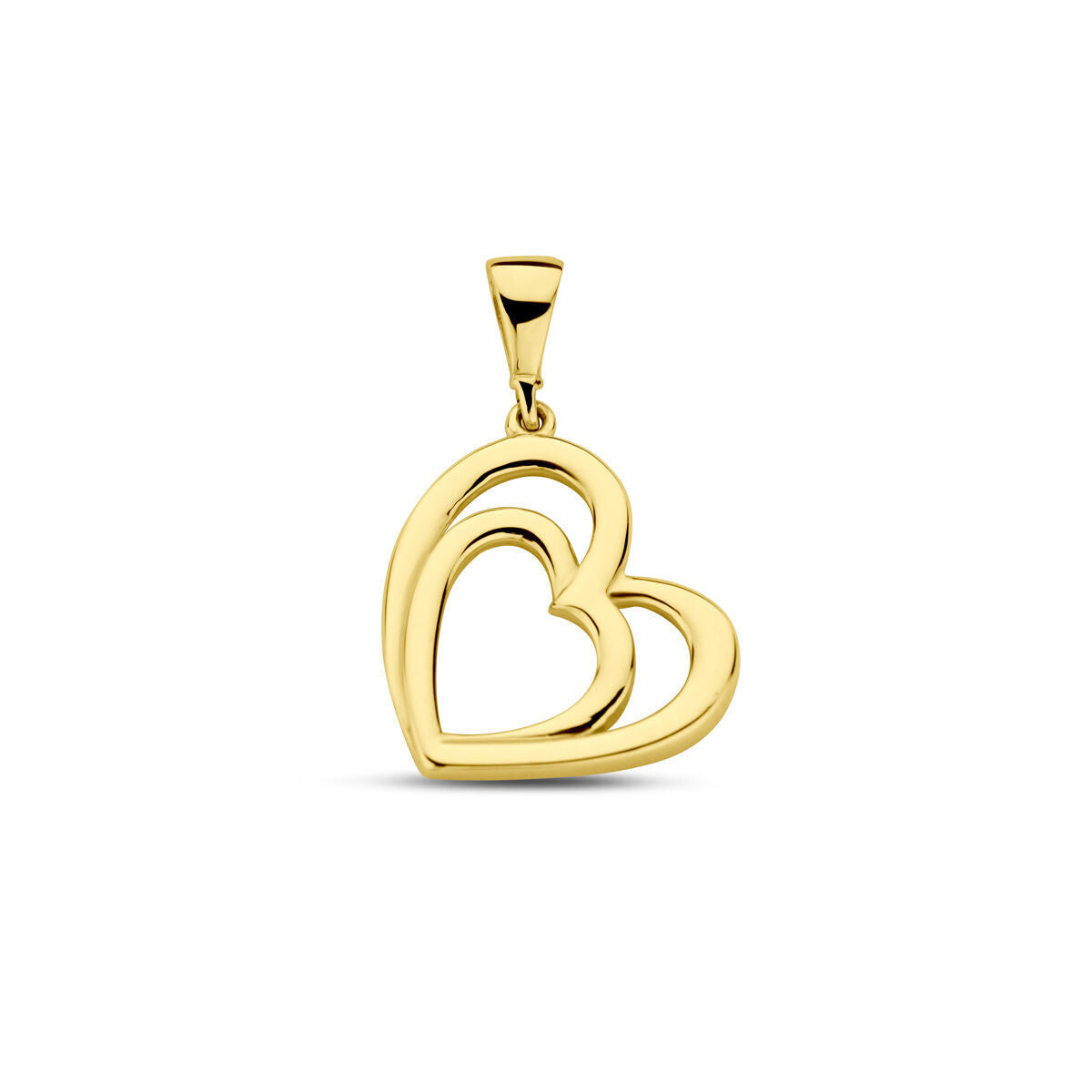 De hanger hart 14K geelgoud uit de Van der Kooij Collectie heeft twee liefdevolle harten, één klein genesteld in een grotere, met gepolijste afwerking en oogje voor een ketting. Perfect voor je collectie. Getoond op witte achtergrond.