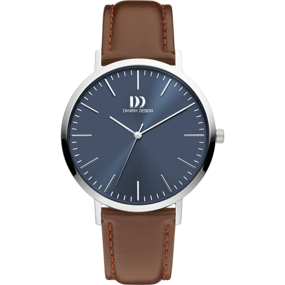 Orologio da uomo con quadrante blu, cassa in acciaio inox e cinturino in pelle marrone.