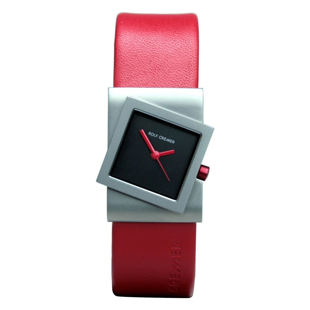 Orologio Rolf Cremer con quadrante quadrato nero e cinturino in pelle rossa.