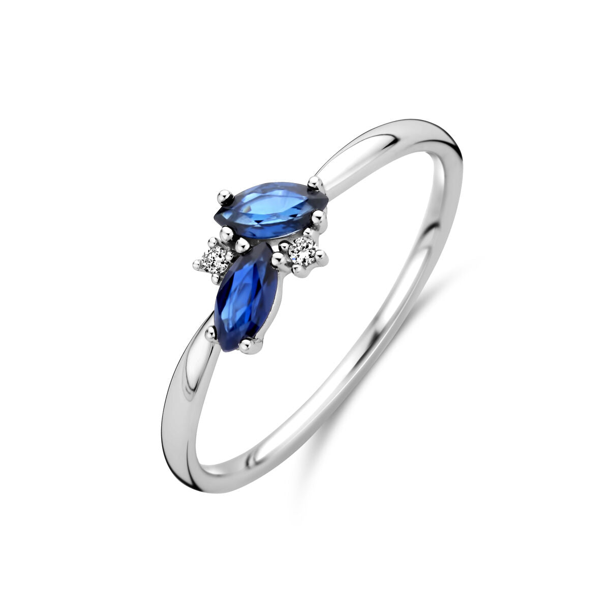 Anello in oro bianco 14K con zaffiro e diamanti, design con pietre ovali.