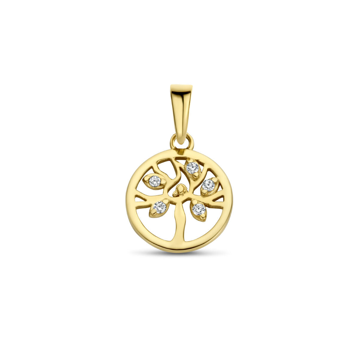 Ciondolo in oro giallo 14K a forma di albero della vita con zirconi.