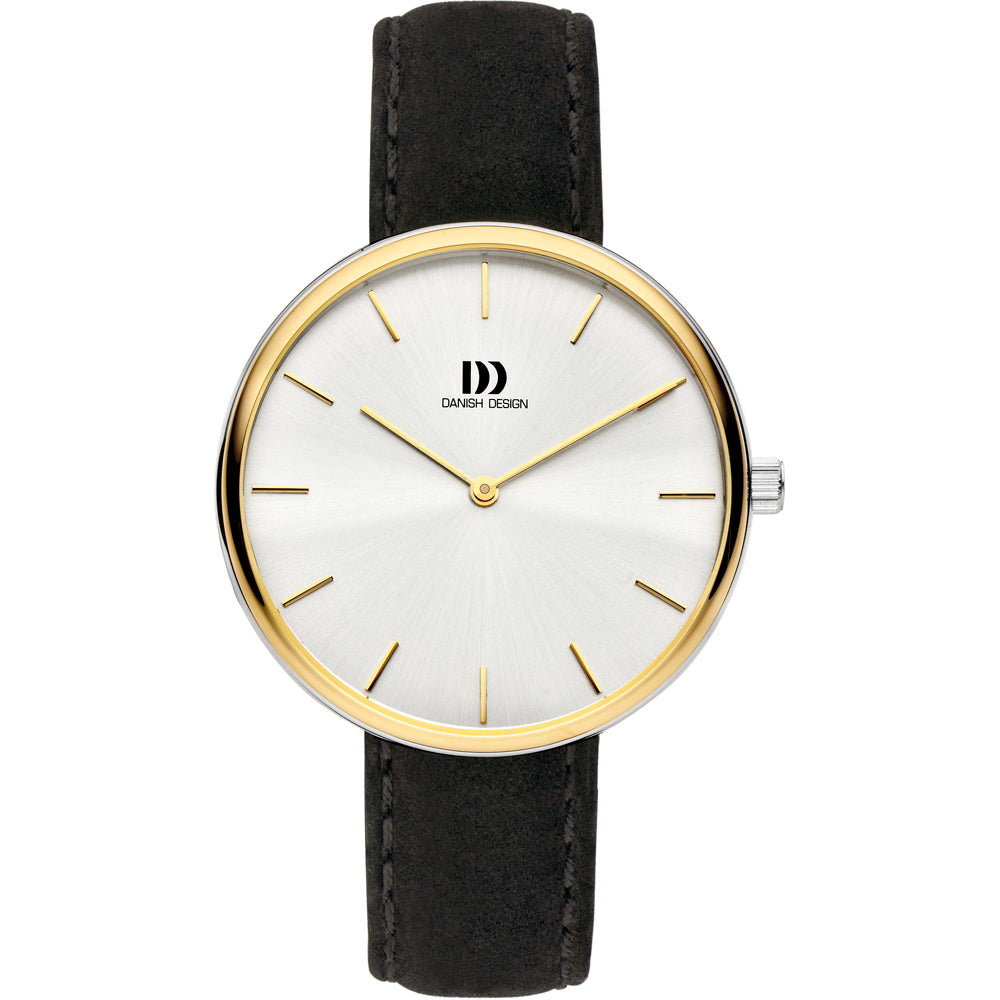 Orologio da uomo con quadrante bianco, cassa dorata e cinturino in pelle nera.
