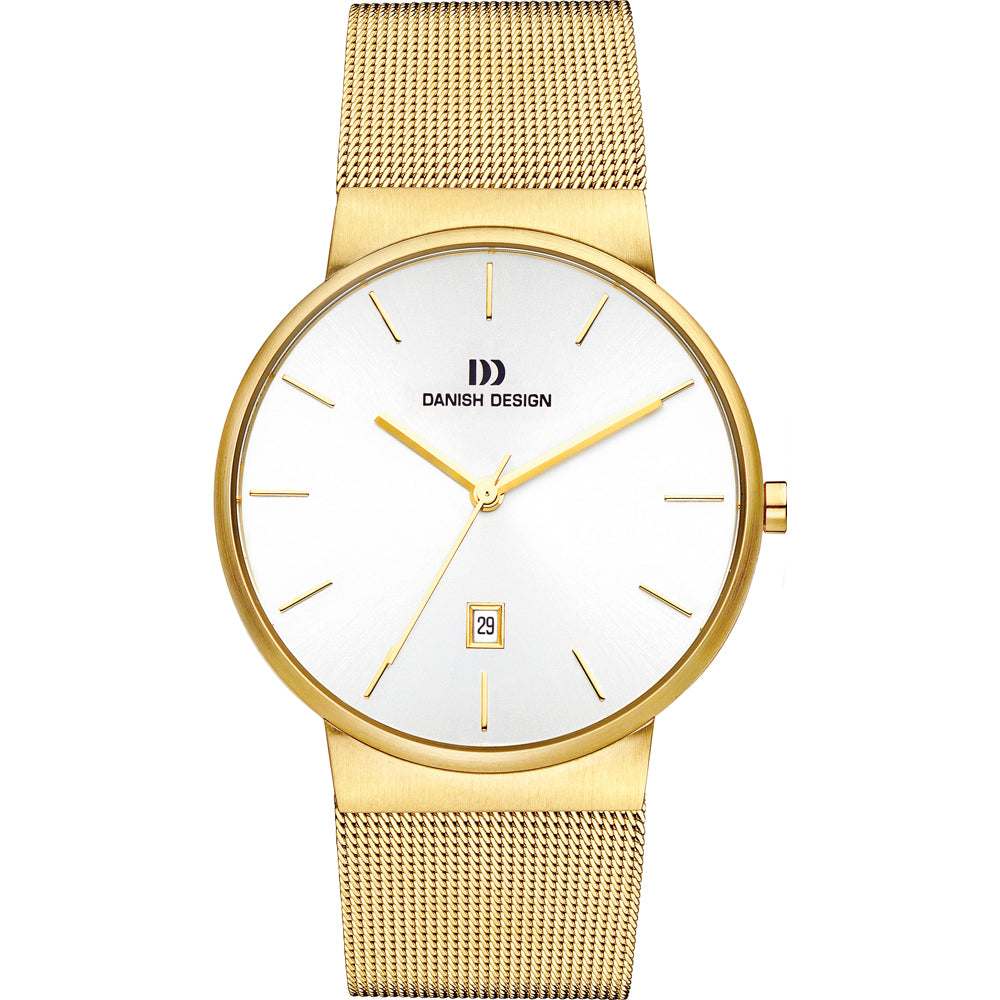 Orologio con cassa dorata, quadrante bianco e cinturino in maglia rolò dorata.