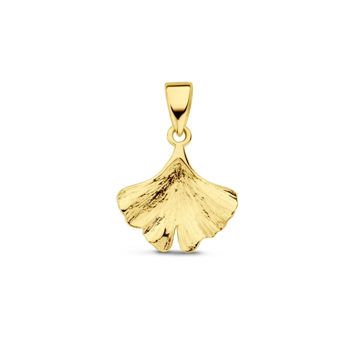 Ciondolo in oro giallo 14K a forma di foglia di ginkgo con finitura strutturata.