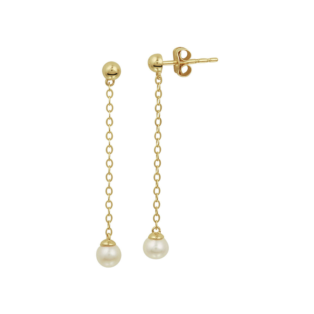 Orecchini pendenti in oro giallo 14K con perle bianche.