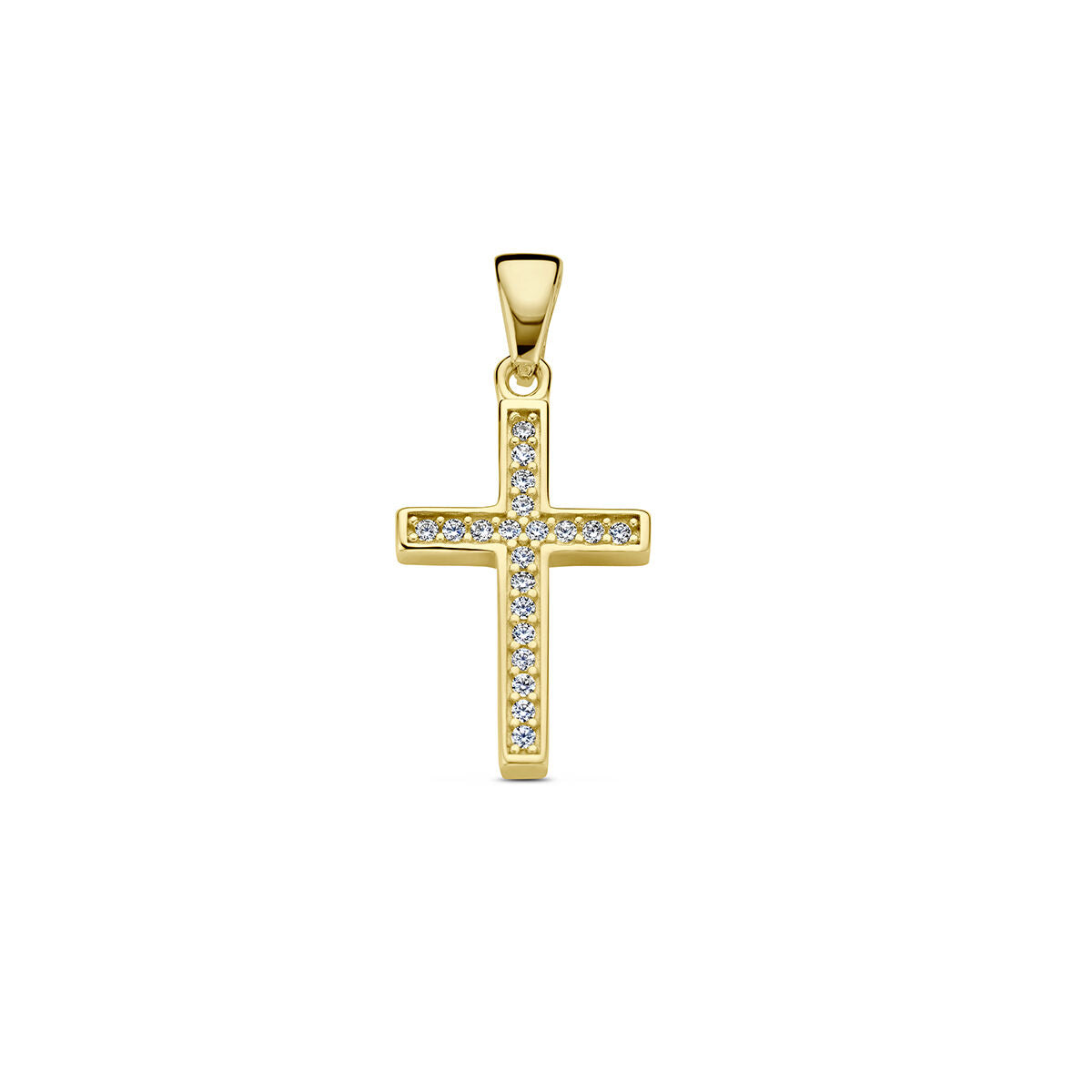 Ciondolo a croce in oro giallo 14K con zirconi.