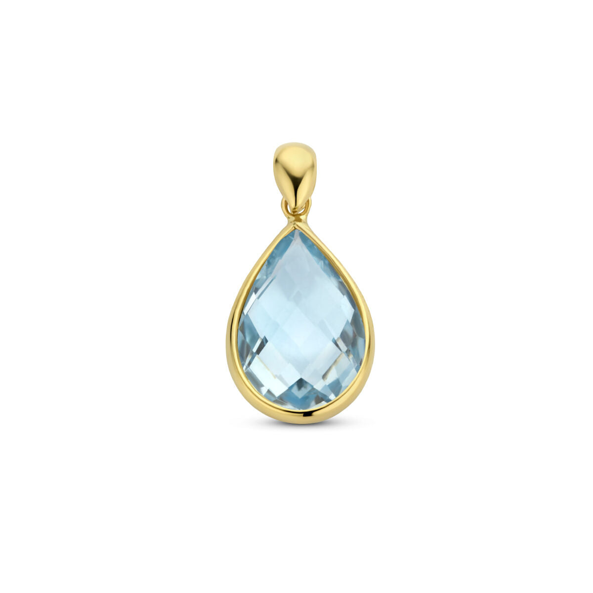 Ciondolo in oro giallo 14K con topazio blu a forma di goccia.