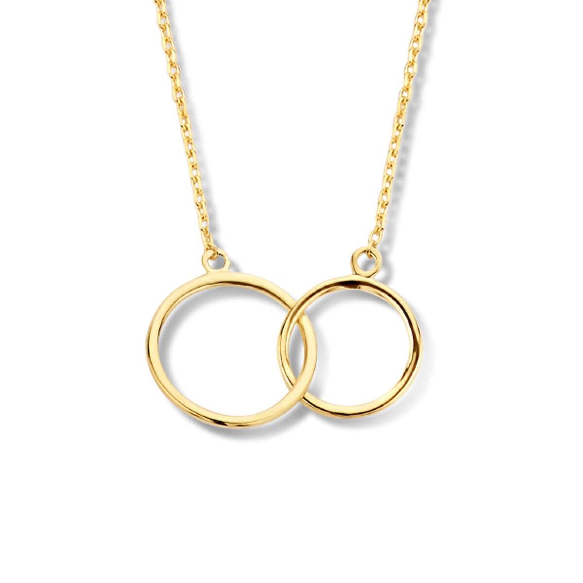 Collana in oro giallo 14K con due cerchi intrecciati di diverse dimensioni.