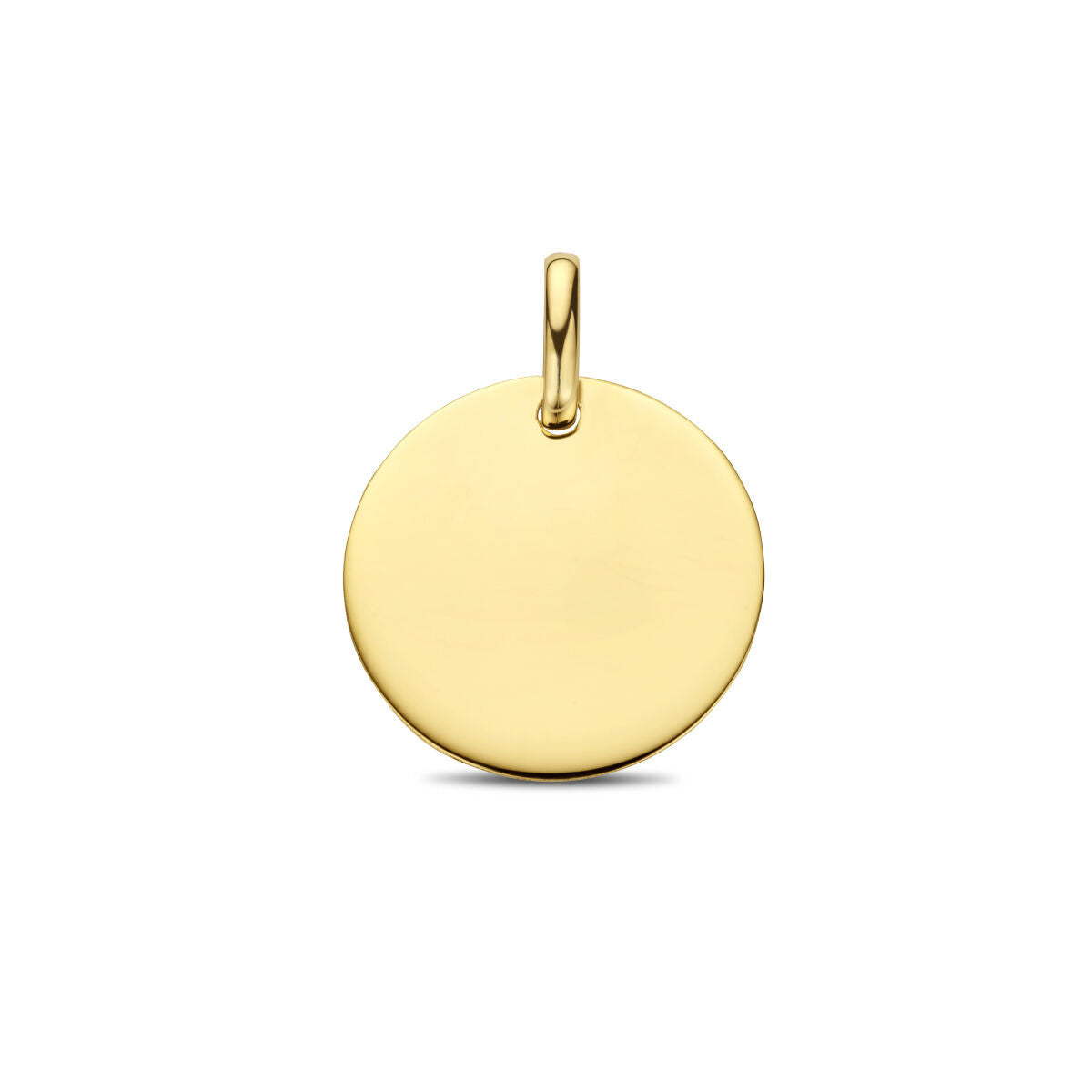 Ciondolo rotondo in oro giallo 14K, superficie liscia e lucida.