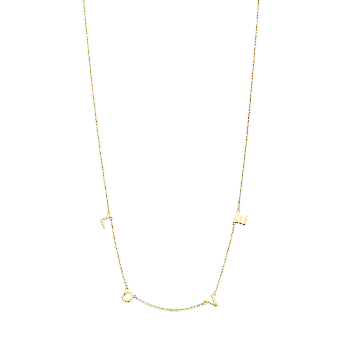 Collana in oro giallo 14K con dettagli a forma di cuore e lettere, lunghezze 38-40-42 cm.
