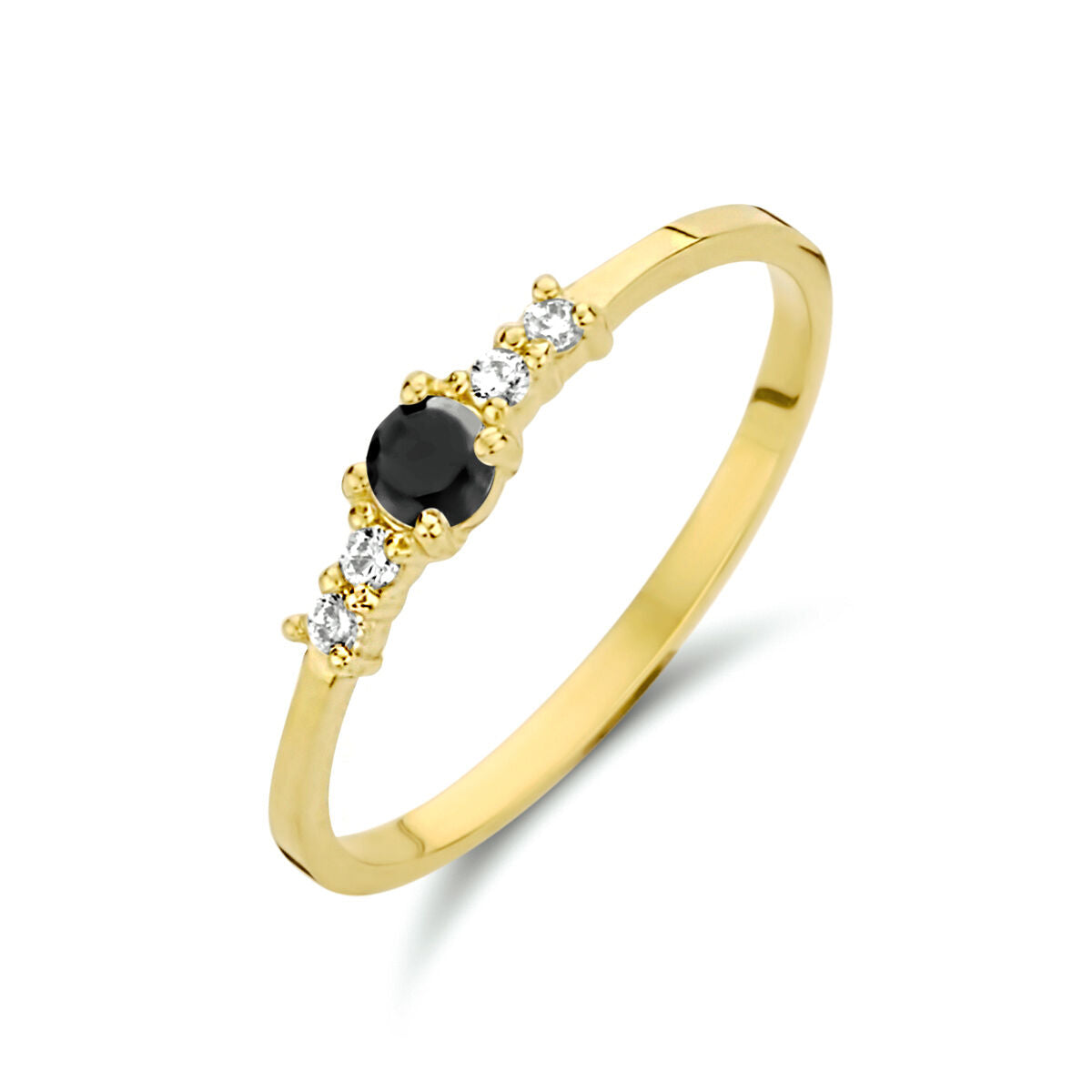 Anello in oro giallo 14K con zircone nera centrale e zircone bianche laterali.
