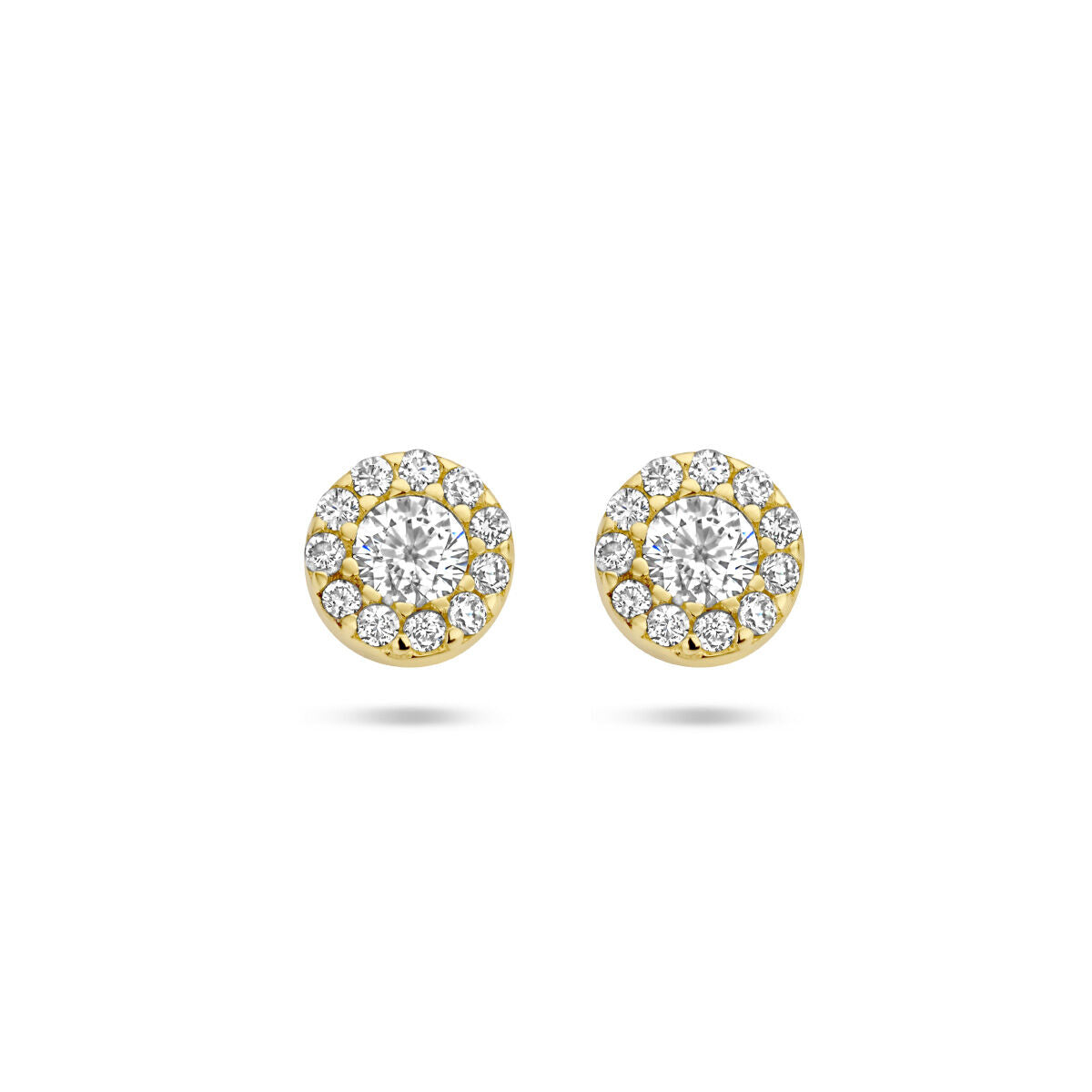 Orecchini in oro giallo 14K con zirconi a forma di halo.