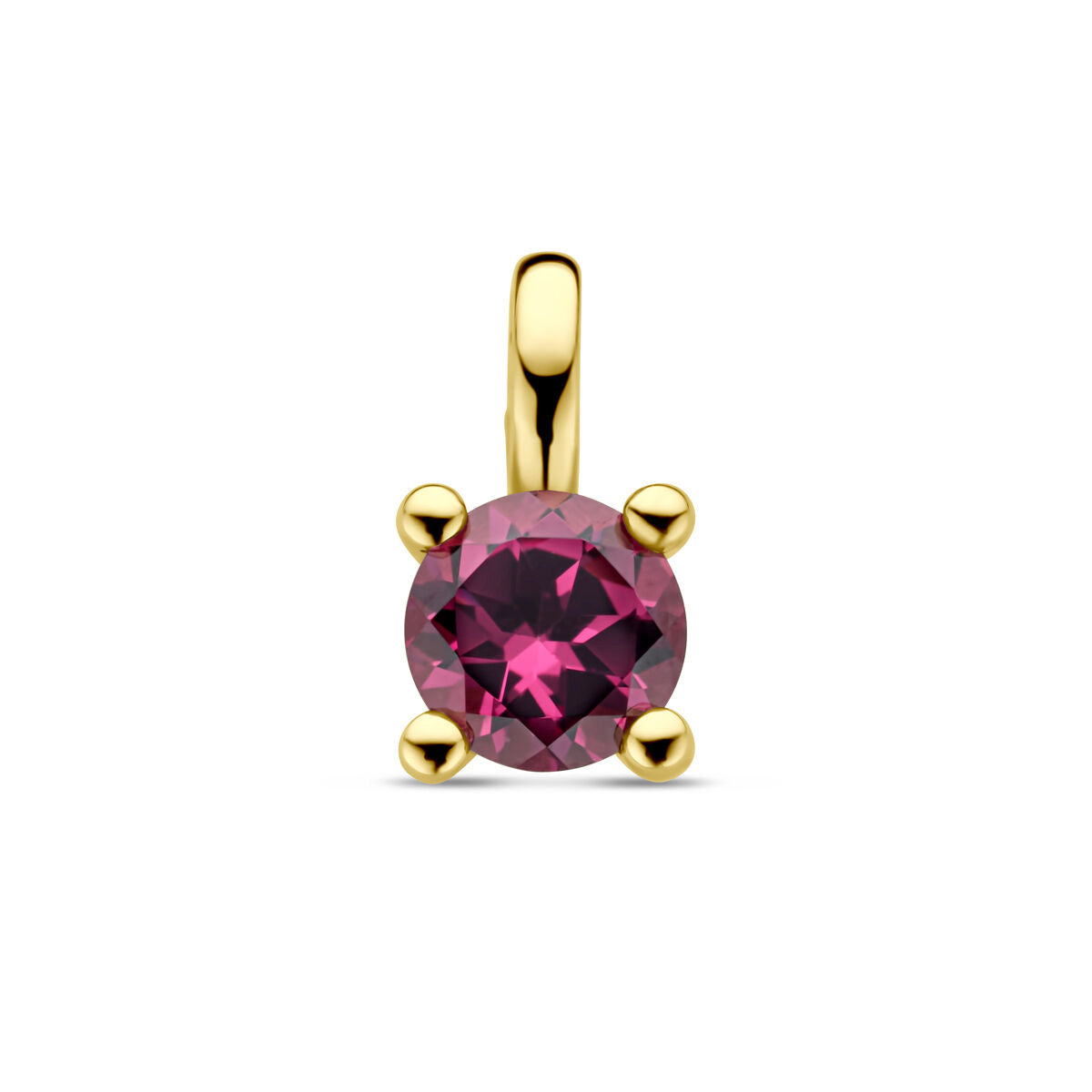 Roze rhodoliet hanger in 14K geelgoud met een ronde, facette geslepen steen.