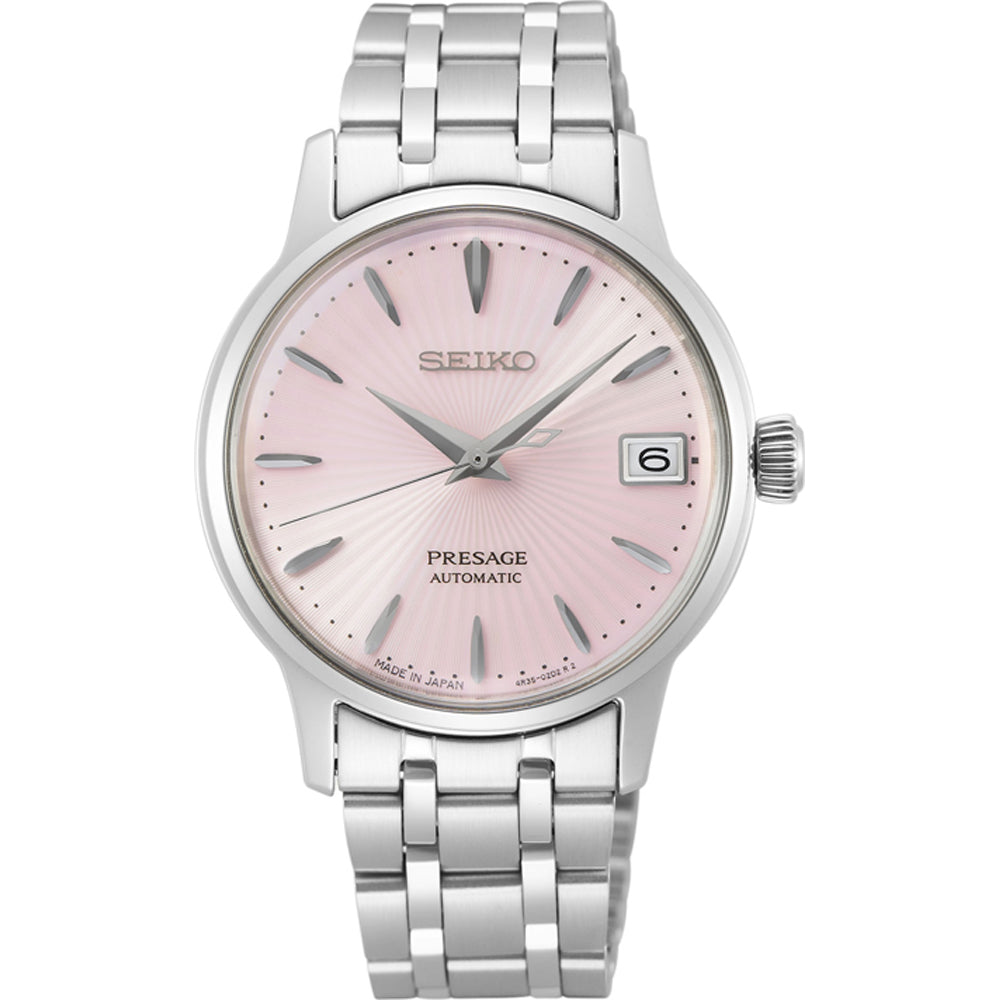 Orologio da donna Seiko Presage con cassa argentata, quadrante rosa e bracciale in acciaio inox.