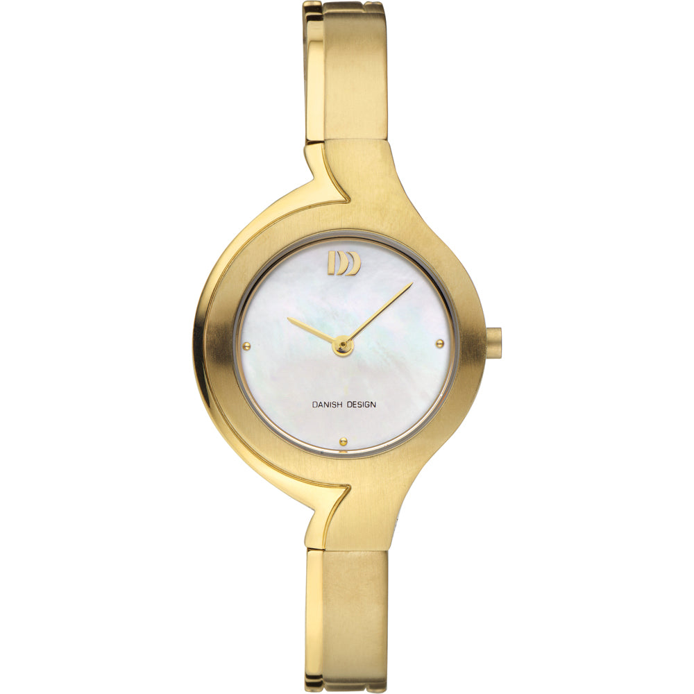 Orologio dorato con quadrante in madreperla e cinturino a maglia.