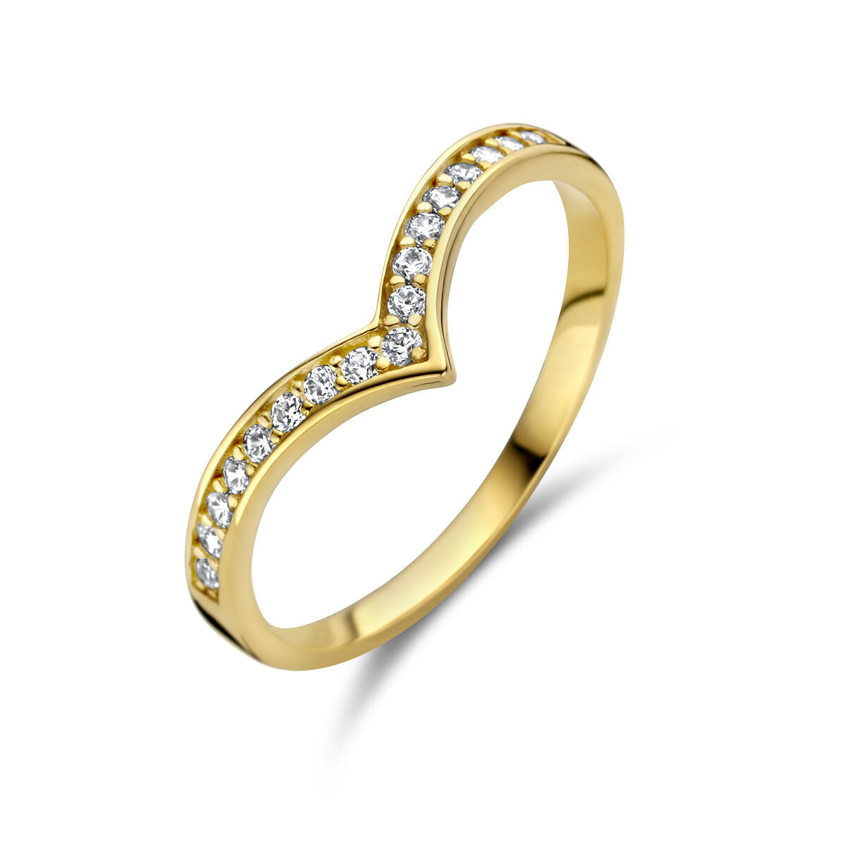 anello in oro giallo 14K con zirconi, design a forma di cuore.