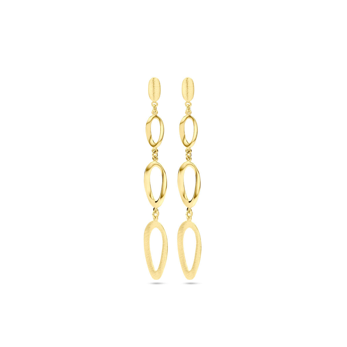Orecchini pendenti in oro giallo 14K, finitura lucida e opaca, con forme ovali e allungate.