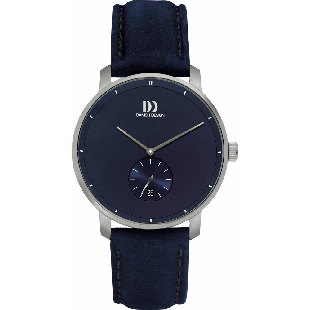 Orologio con cassa in acciaio inox, quadrante blu e cinturino in pelle scamosciata blu.