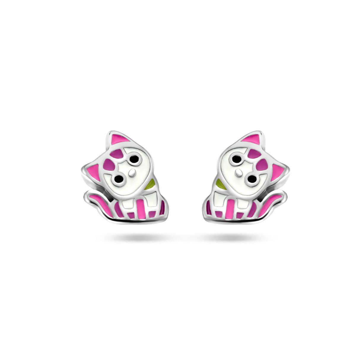 Orecchini a forma di gatto in argento rodiato con dettagli rosa.
