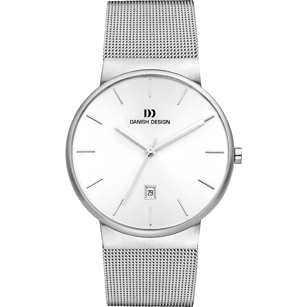 Orologio con cassa argentata, quadrante bianco, cinturino in acciaio inox a maglia rolò e datario.