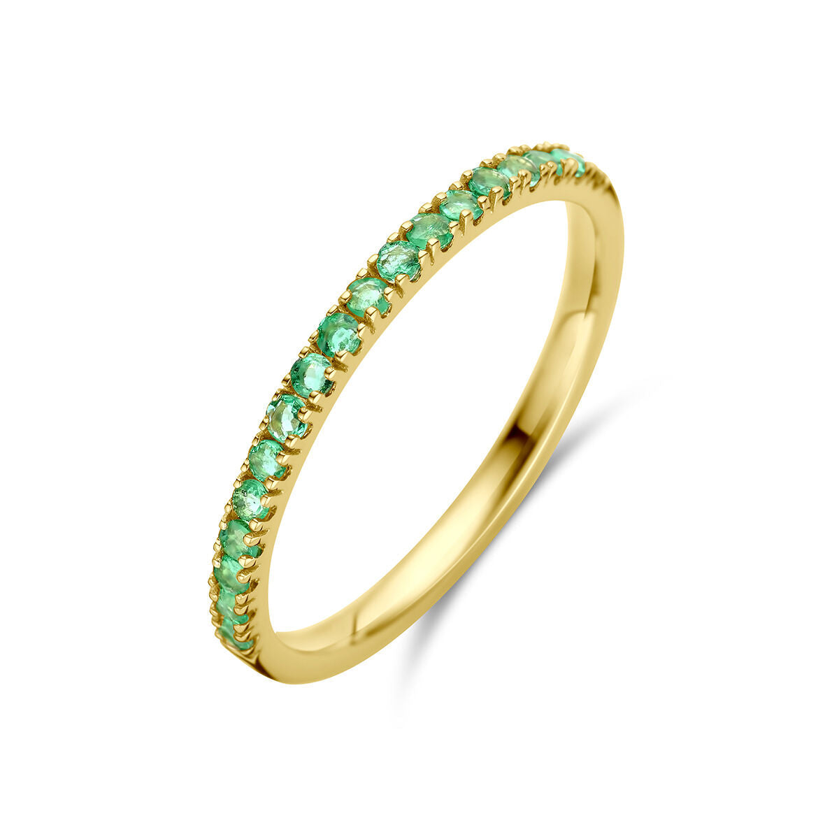 Anello in oro giallo 14K con pietre di nascita smeraldo di maggio.