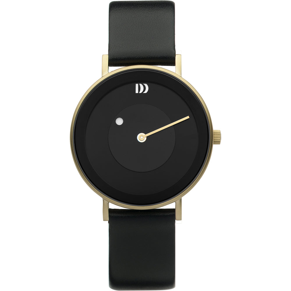 Orologio con cassa dorata, quadrante nero e cinturino in pelle nera.