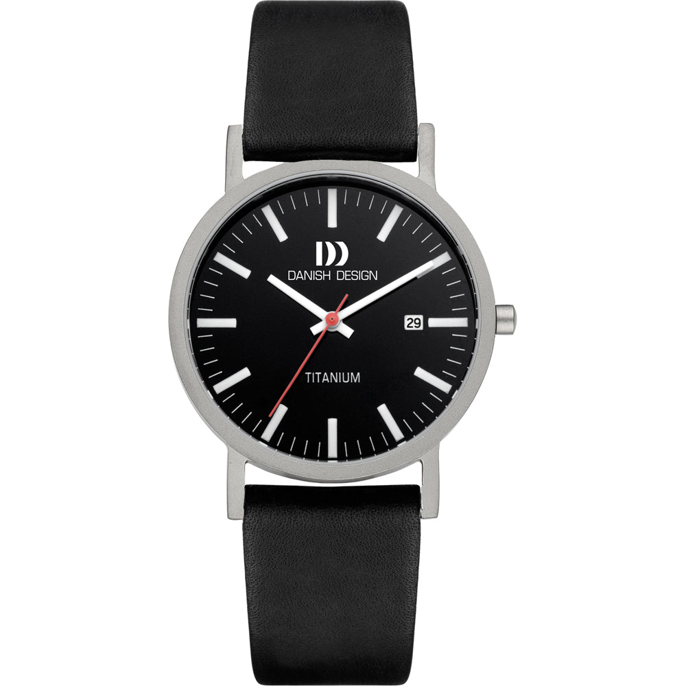 Orologio con cassa in titanio, quadrante nero e cinturino in pelle nera.