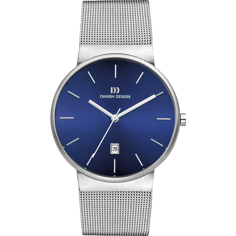 Orologio con quadrante blu, cassa in acciaio inox e cinturino in maglia rolò.