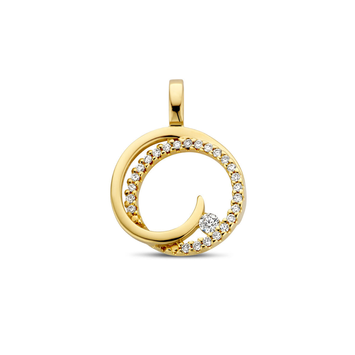 Ciondolo rotondo in oro giallo 14K con diamanti da 0,13 ct, design elegante e curvo.