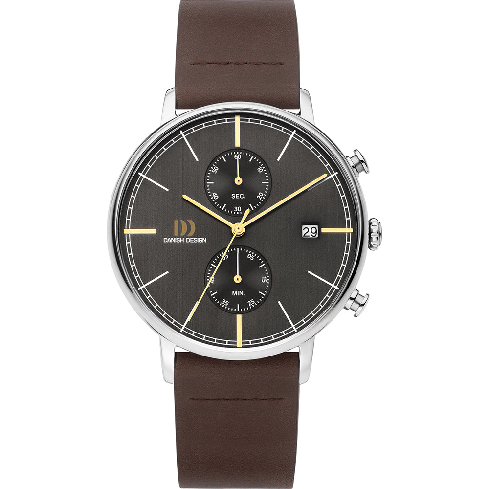 Orologio da uomo con quadrante grigio, cassa in acciaio e cinturino marrone.