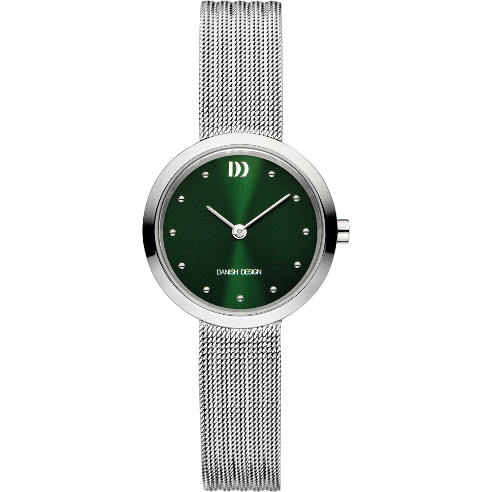 Orologio con cassa argentata, quadrante verde e cinturino in maglia rolò.