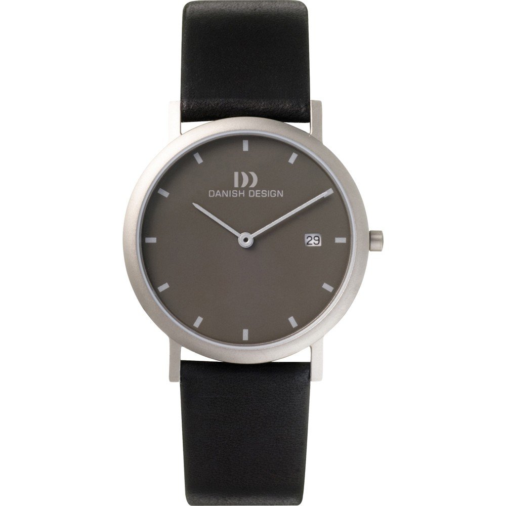 Orologio con quadrante grigio, cassa in acciaio e cinturino in pelle nera.