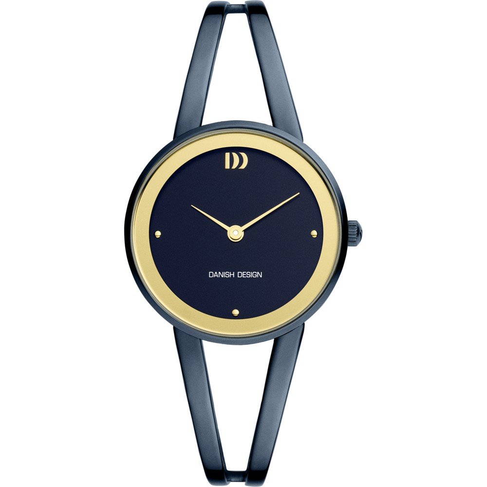 Orologio con quadrante blu e cassa dorata, cinturino sottile in metallo blu.