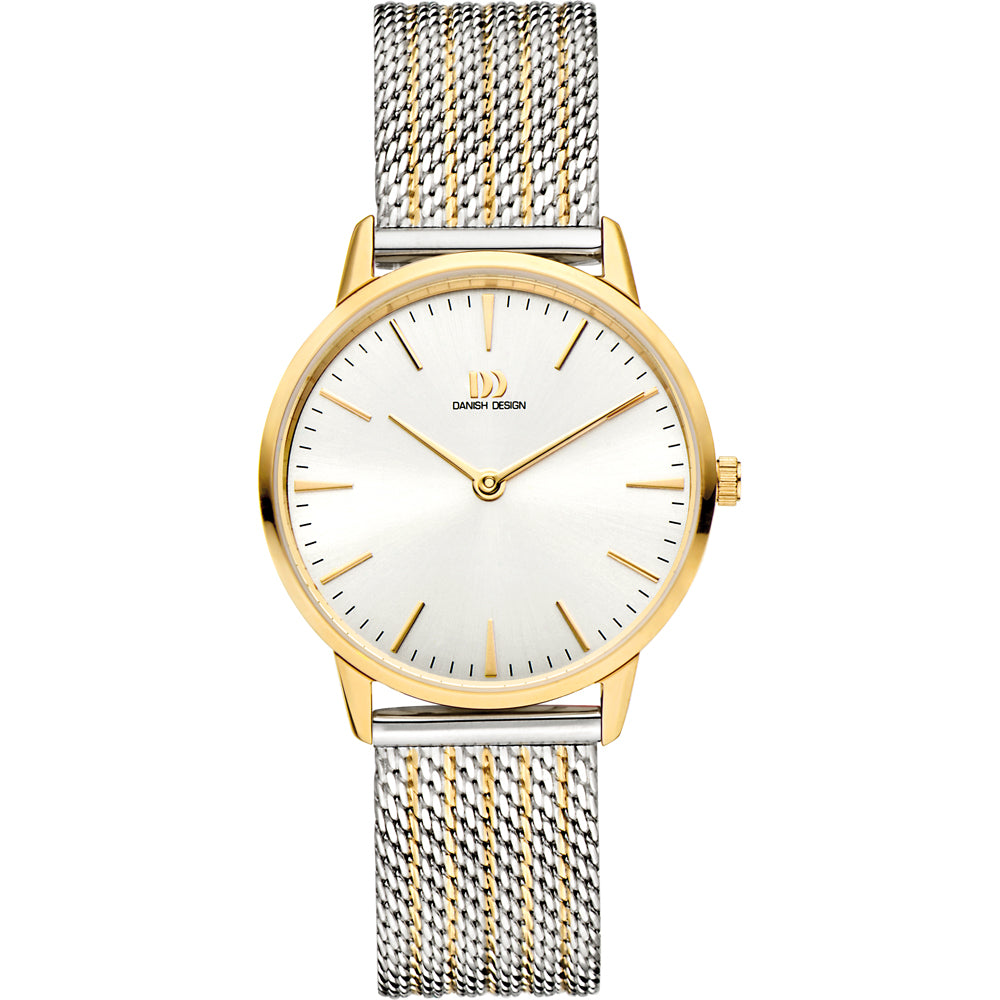 Orologio con cassa dorata, quadrante argentato e cinturino in maglia rolò bicolore.