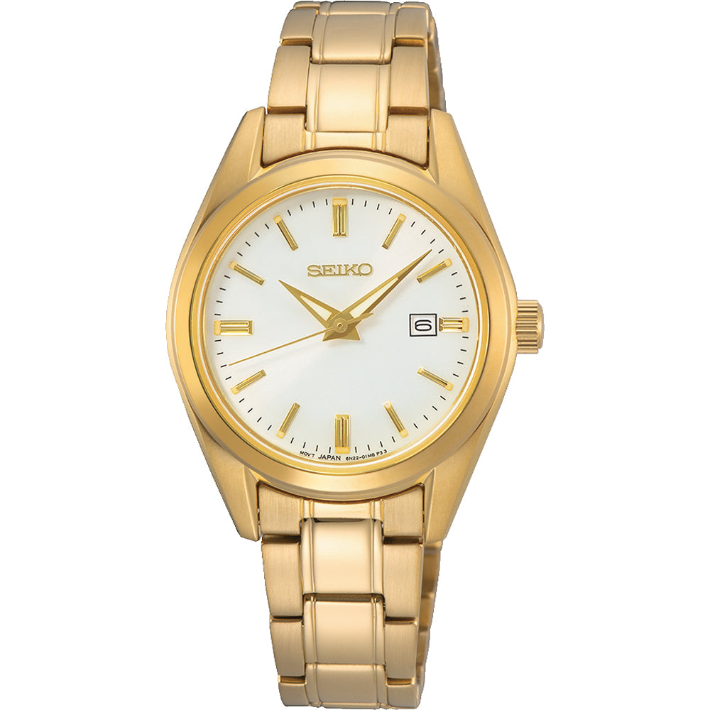Orologio da donna Seiko con cassa e bracciale dorati, quadrante bianco e dettagli in oro.
